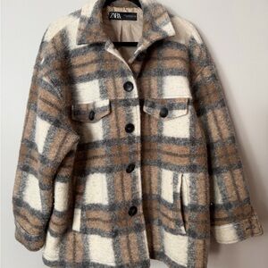 ZARA Plaid Wool Blend Shacket Jacket XXL Oversized Beige Brown Coat